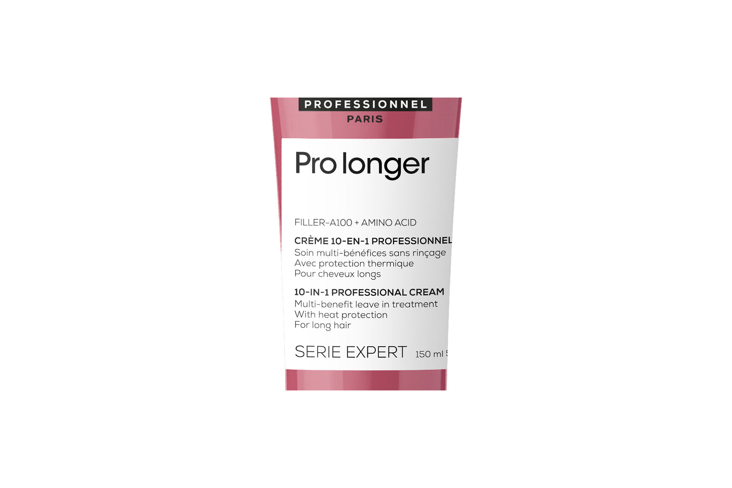 Serie Experts Pro Longer längdförnyande creme för längder och toppar, med patenterad Filler-A100-teknologi och aminosyra. Passar för långt hår som lider av tunna toppar. Cremen ger skydd mot frissighet. Den hjälper till att förnya hårfibern omedelbart och beskyddar håret mot värme upp till 230°C*. Den professionella formulan gör att hårfibern blir stärkt med mindre skador, från rot till topp. *Instrumentellt test. 150ml